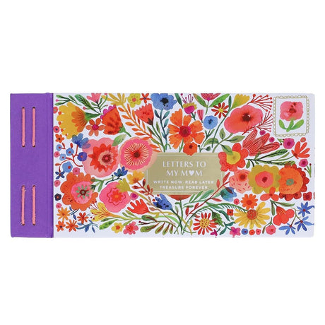 Floral keepsake book titled "Letters to My Mom" with colorful watercolor flowers and a purple stitched spine.