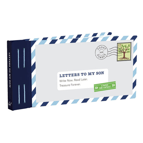 A book titled "Letters to My Son" resembles an airmail envelope with blue stripes. It includes a stamp featuring a tree and postmark reading "Today and Always."