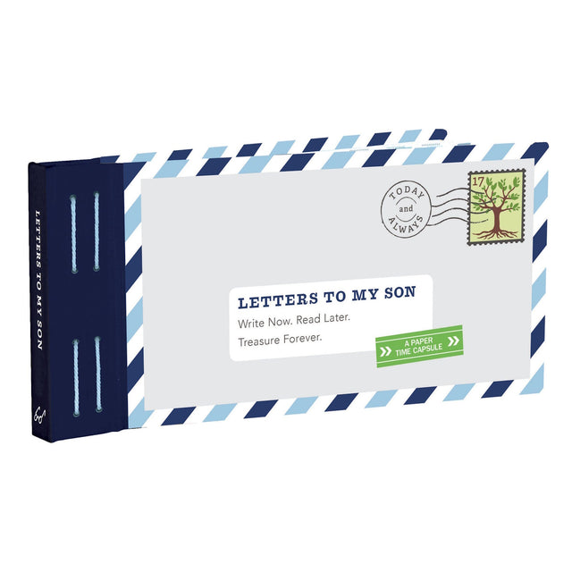 A book titled "Letters to My Son" resembles an airmail envelope with blue stripes. It includes a stamp featuring a tree and postmark reading "Today and Always."