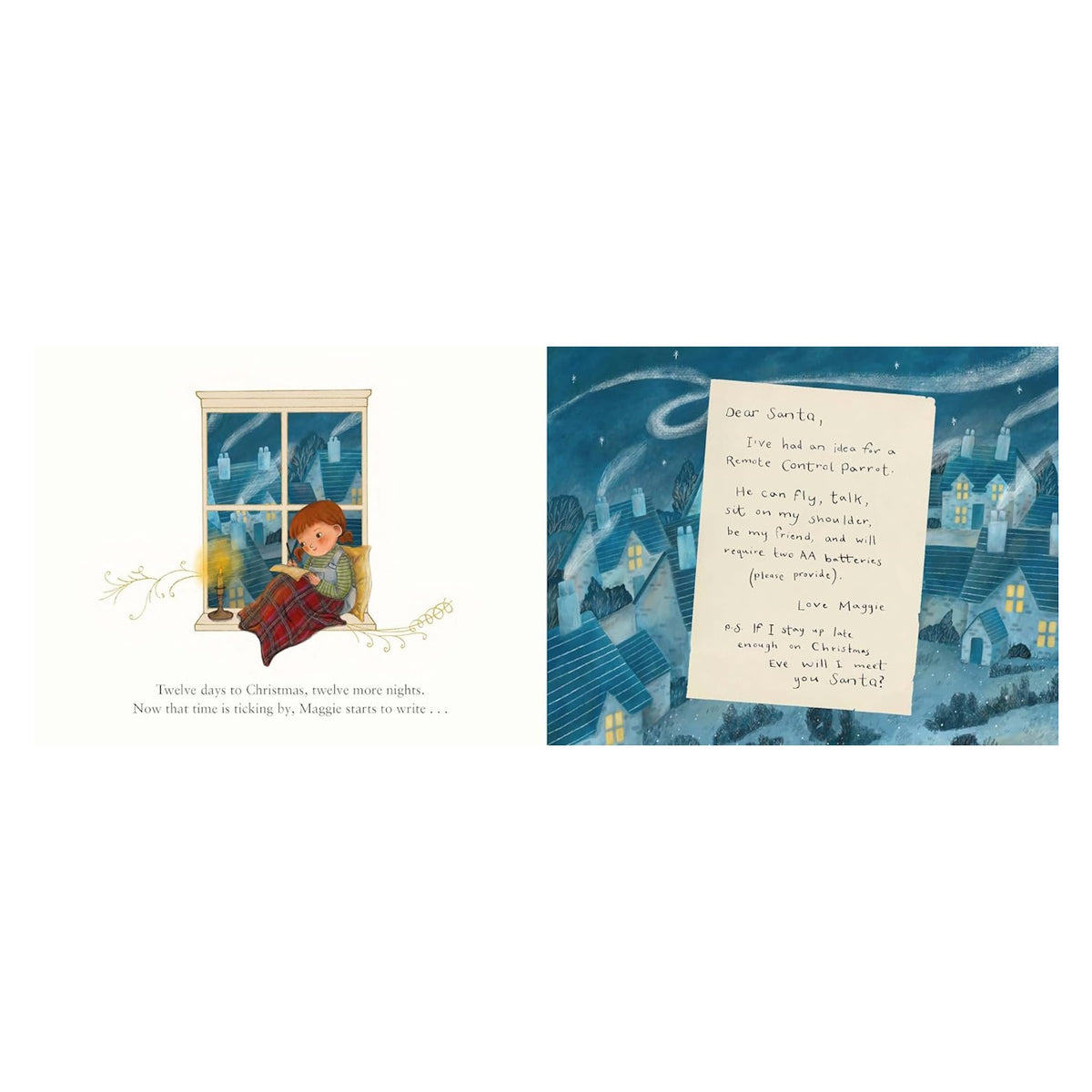 A cozy illustration of a child writing by a winter window with snow falling. Next to it, a handwritten note to Santa amid a snowy village night scene.