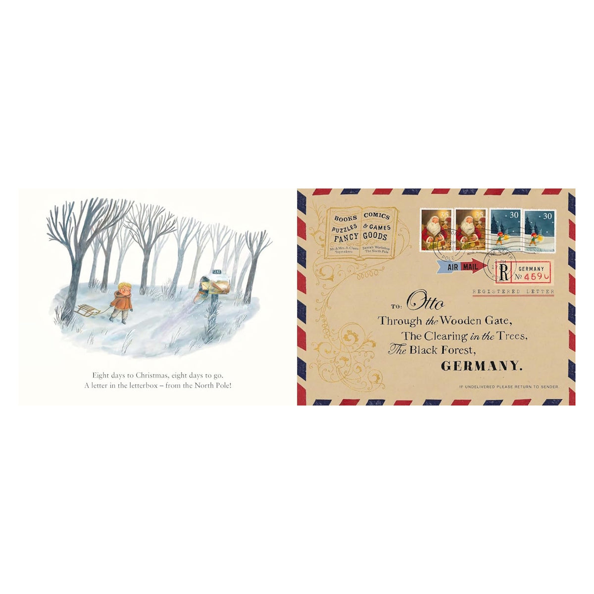 Illustration of a child in a snowy forest checking the mailbox. Right side shows a vintage airmail envelope to "Otto" with Santa stamps, evoking holiday anticipation.