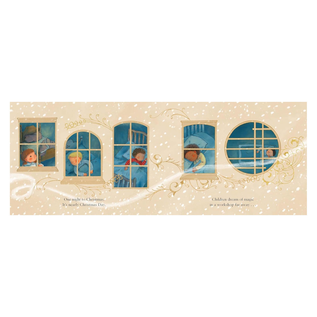 Illustration of children sleeping peacefully in blue-lit rooms viewed through five windows. Snowflakes fall gently as a magical swirl connects them.