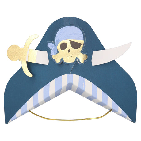 A blue paper pirate party hat with a skull graphic, a gold sword accent, and an elastic strap.