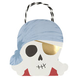 Pirate skull party bag with light blue bandana, gold eye patch, and black and white twine handle for kids' birthday celebrations.