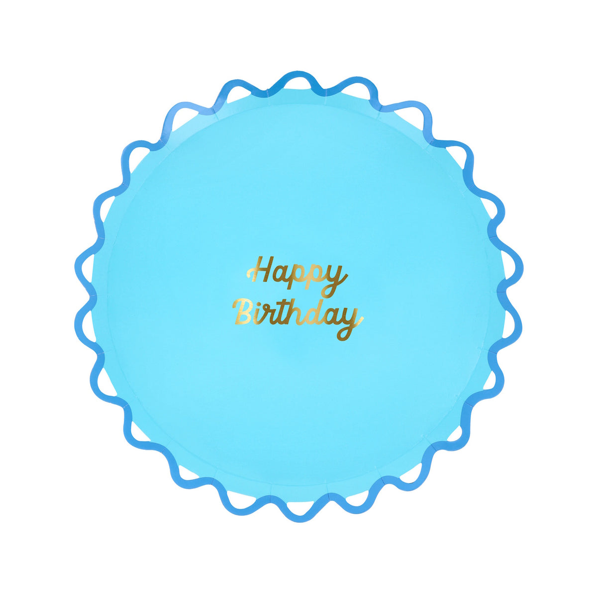 Light blue Happy Birthday paper plate with a dark blue wiggle edge. Meri Meri party supplies for birthdays.