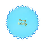 Light blue Happy Birthday paper plate with a dark blue wiggle edge. Meri Meri party supplies for birthdays.