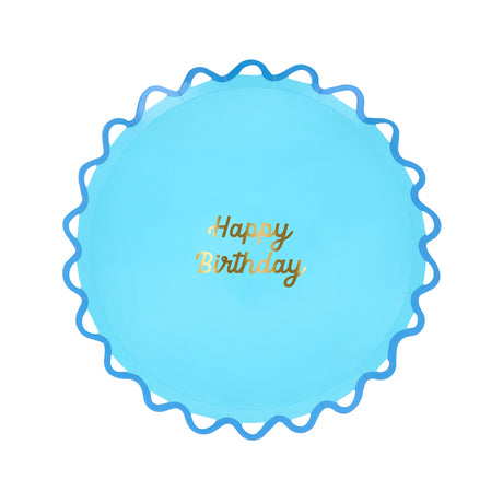 Light blue Happy Birthday paper plate with a dark blue wiggle edge. Meri Meri party supplies for birthdays.
