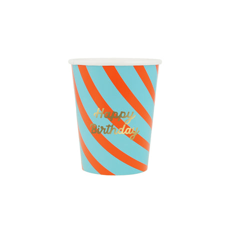 Blue and orange striped paper cup with "Happy Birthday" written in gold script font.