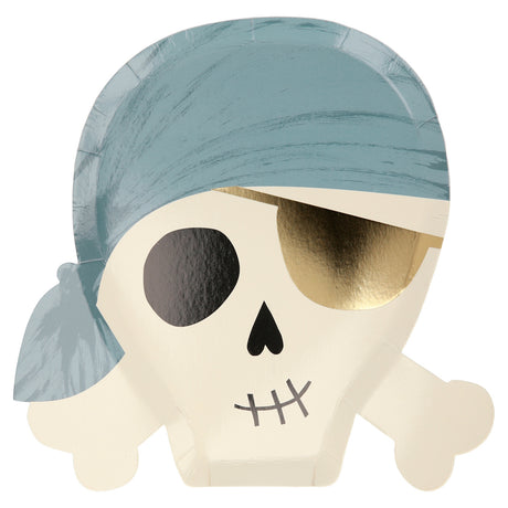 A pirate skull-shaped paper plate wearing a blue bandana and a shiny gold eyepatch.