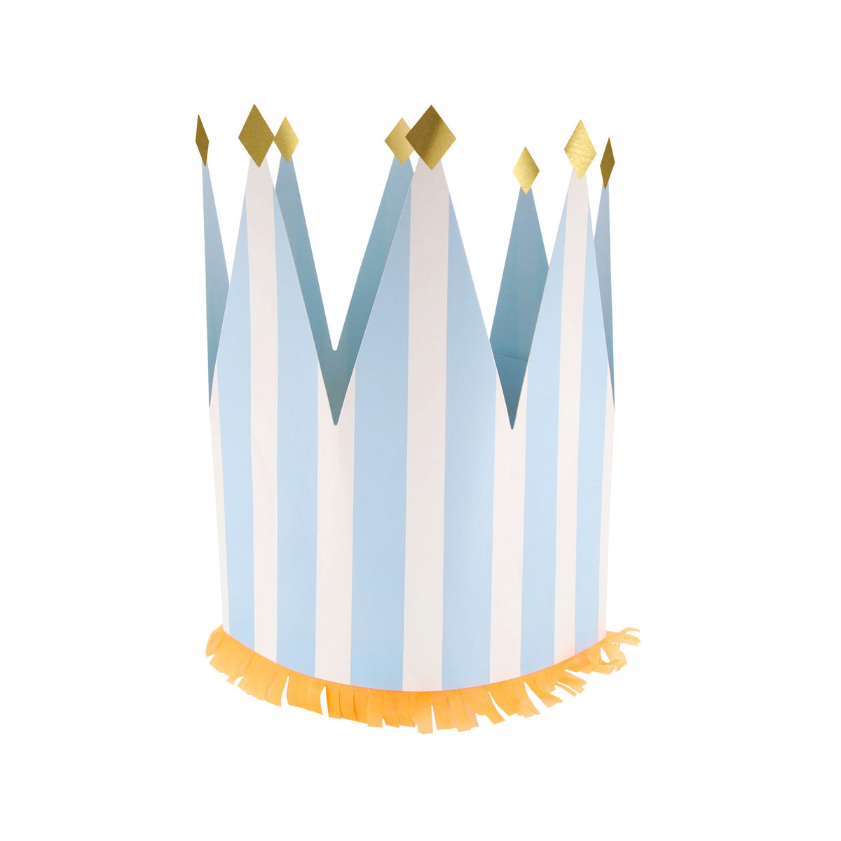 Light blue and white striped paper party crown with gold foil diamond tips and orange fringe trim on a white background.