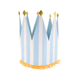 Light blue and white striped paper party crown with gold foil diamond tips and orange fringe trim on a white background.