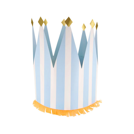 Light blue and white striped paper party crown with gold foil diamond tips and orange fringe trim on a white background.