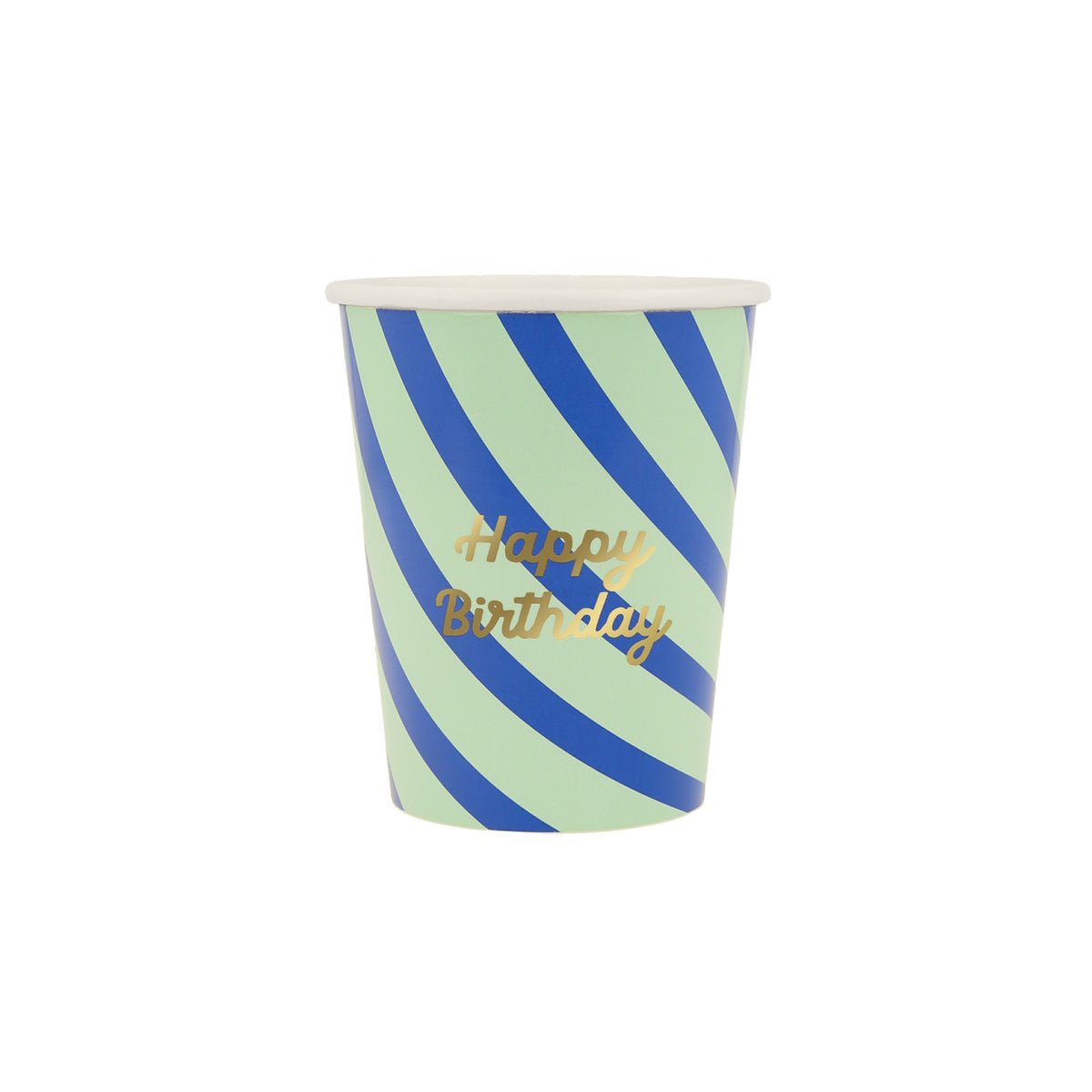 Green and blue striped paper cup with gold script reading Happy Birthday.