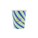 Green and blue striped paper cup with gold script reading Happy Birthday.