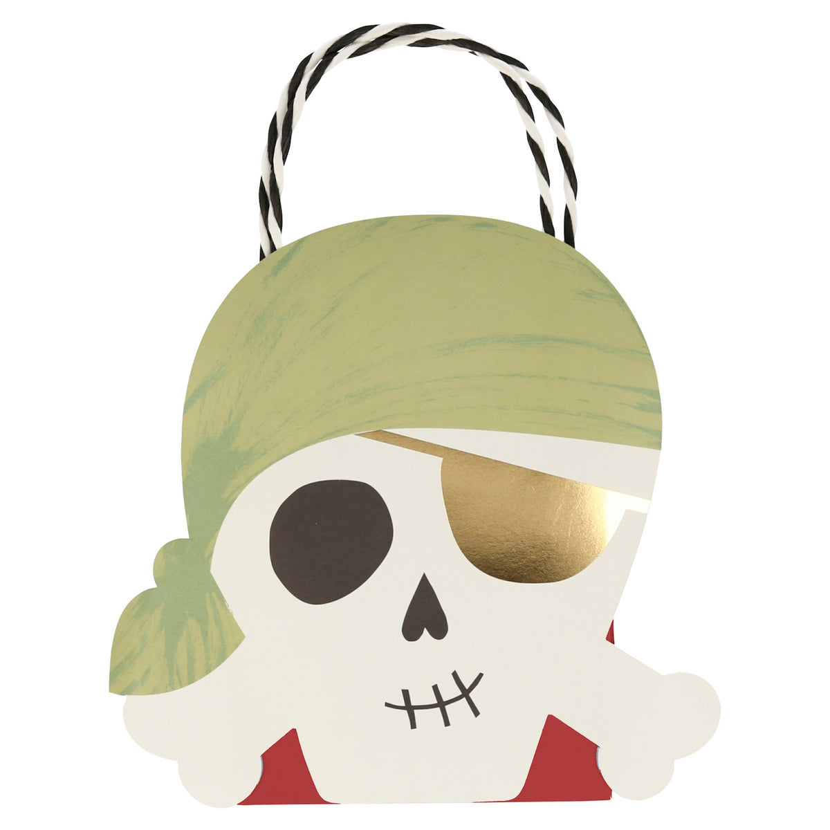 Pirate party bag featuring a skull with a light green bandana and gold eye patch. Ideal for kids' birthday party favors.