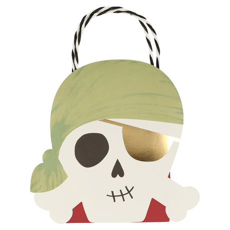 Pirate party bag featuring a skull with a light green bandana and gold eye patch. Ideal for kids' birthday party favors.