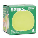 Green box packaging for a light green Speks Gump memory gel stress ball.