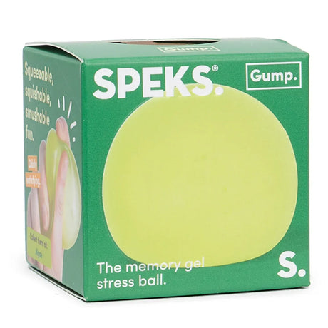 Green box packaging for a light green Speks Gump memory gel stress ball.