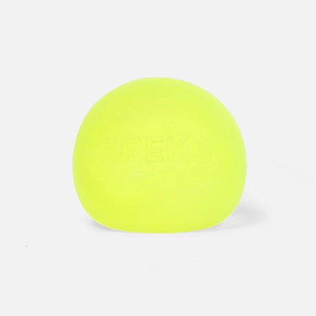 Smooth, round neon lime green stress toy sitting on a plain white background.