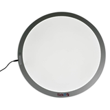 A round light panel with a gray border and a power cord, labeled "TickiT" at the bottom. The panel is lit, emitting a soft, even glow.
