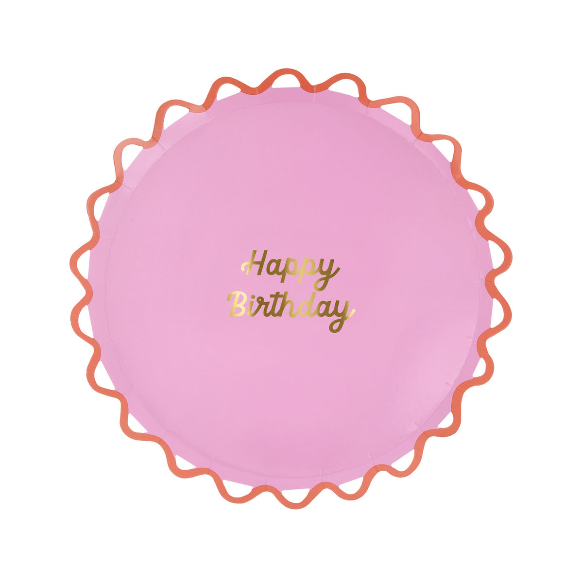Light pink Happy Birthday paper plate with a coral wiggle edge. Simple, elegant party supplies for birthday celebrations.