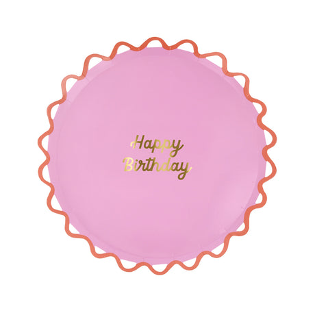 Light pink Happy Birthday paper plate with a coral wiggle edge. Simple, elegant party supplies for birthday celebrations.