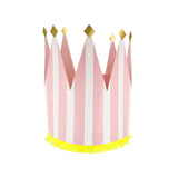 Light pink and white striped paper party crown with gold foil diamond tips and yellow fringe trim on a white background.