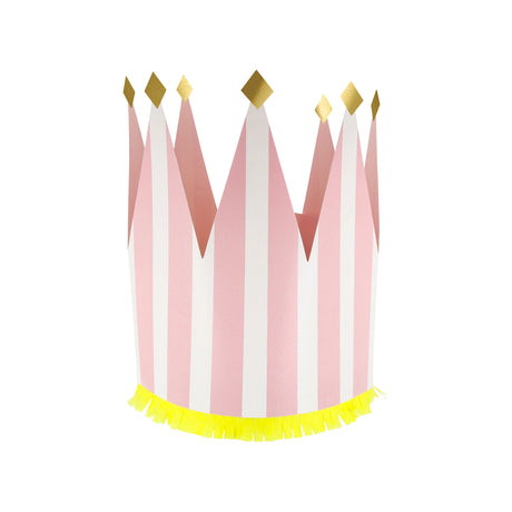 Light pink and white striped paper party crown with gold foil diamond tips and yellow fringe trim on a white background.
