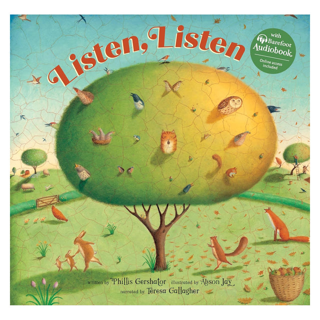 "Listen, Listen" picture book cover by Phillis Gershator & Alison Jay, featuring an animal-filled cracked egg-like tree.