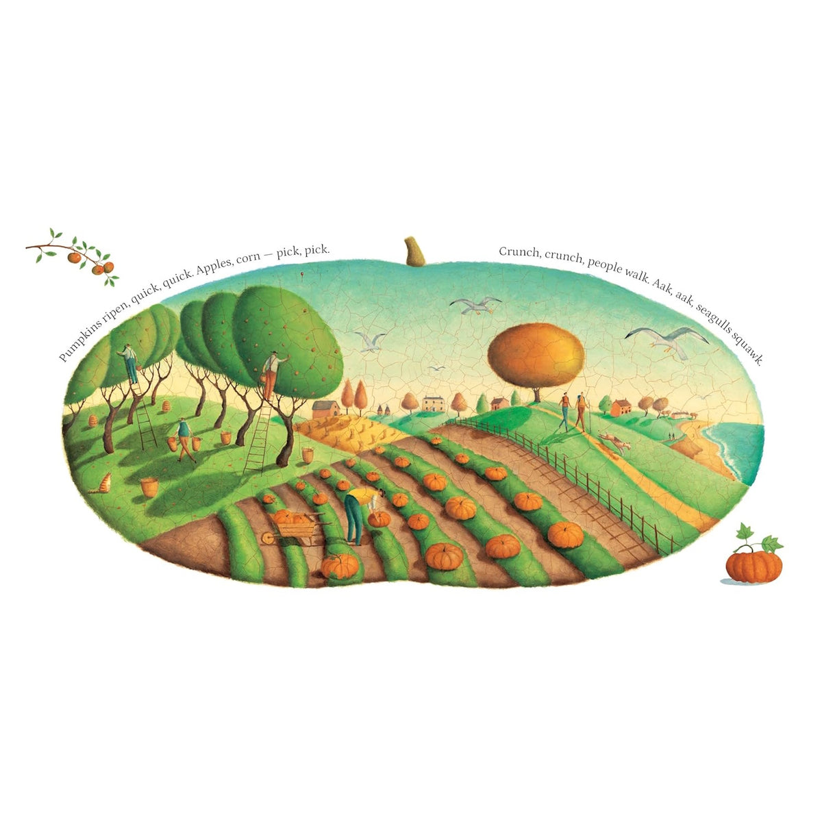 Whimsical fall harvest illustration with workers picking apples and pumpkins in a rolling countryside near the sea.