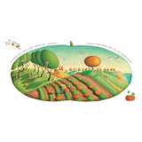 Whimsical fall harvest illustration with workers picking apples and pumpkins in a rolling countryside near the sea.