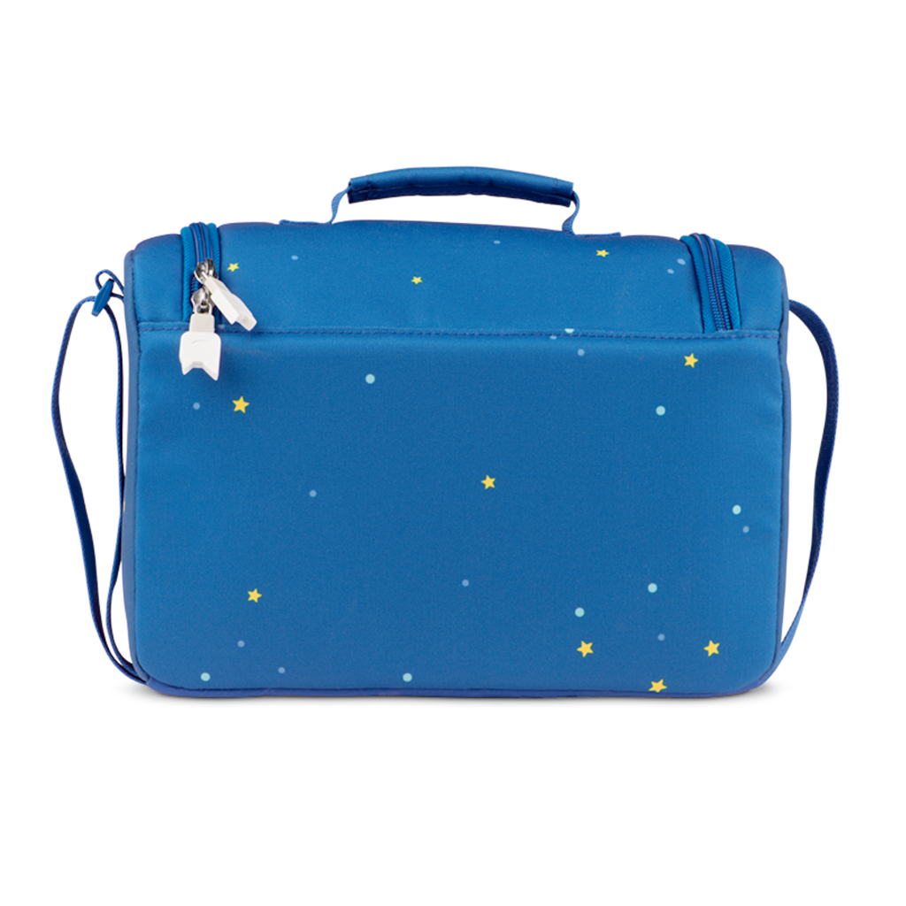 A blue children's bag featuring a rocket design, planets, stars, and an astronaut, perfect for young space enthusiasts in a white background.