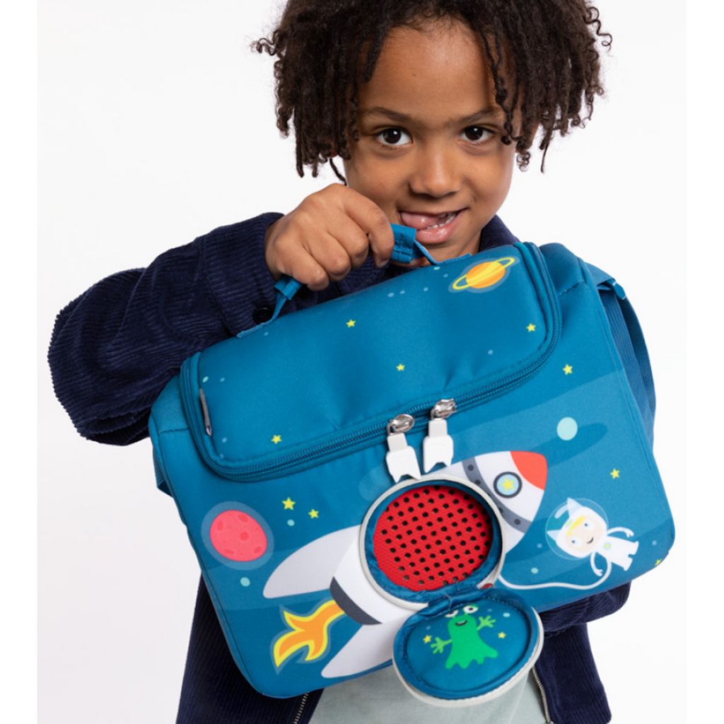 A blue children's bag featuring a rocket design, planets, stars, and an astronaut, perfect for young space enthusiasts in a white background.