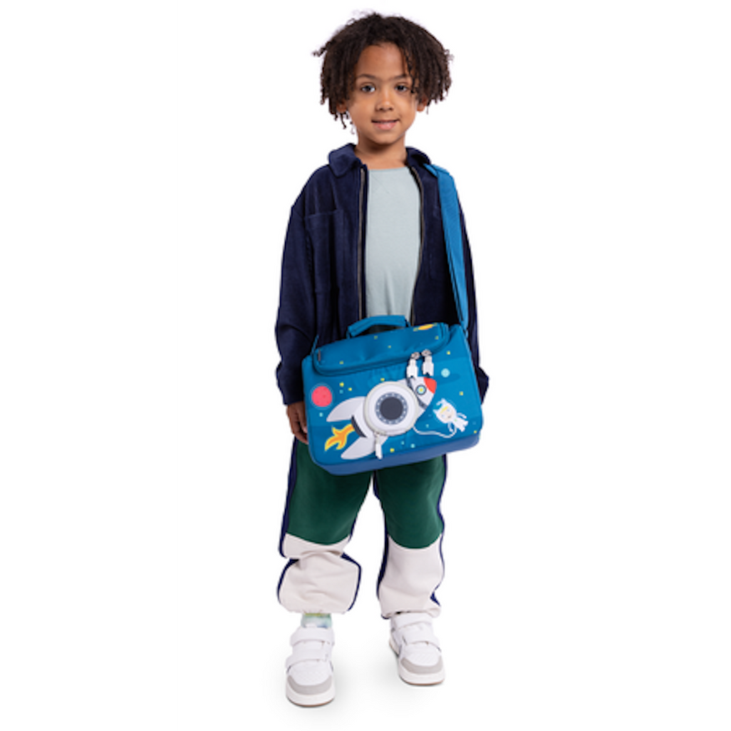 A blue children's bag featuring a rocket design, planets, stars, and an astronaut, perfect for young space enthusiasts in a white background.