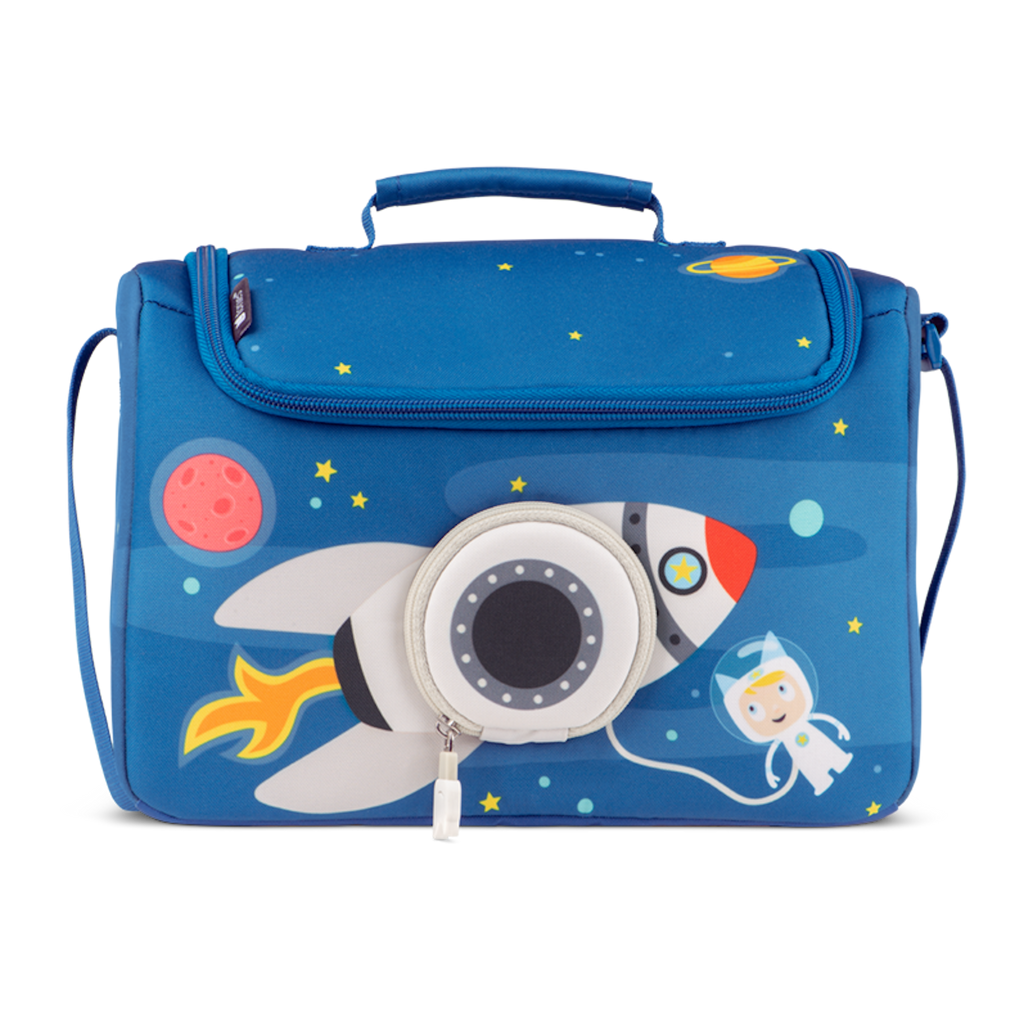 A blue children's bag featuring a rocket design, planets, stars, and an astronaut, perfect for young space enthusiasts in a white background.