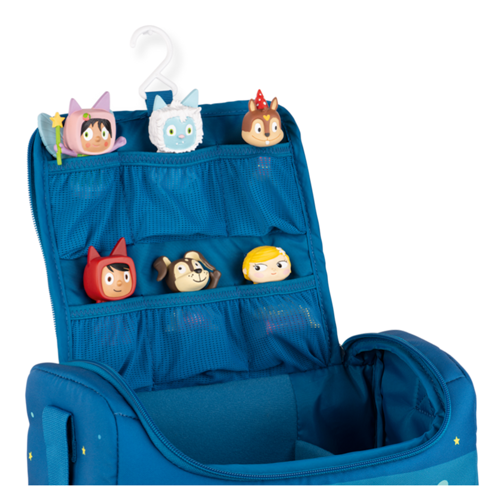 A blue children's bag featuring a rocket design, planets, stars, and an astronaut, perfect for young space enthusiasts in a white background.