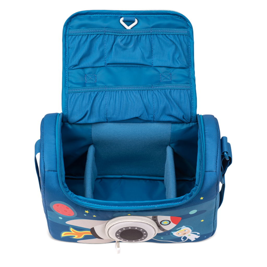A blue children's bag featuring a rocket design, planets, stars, and an astronaut, perfect for young space enthusiasts in a white background.