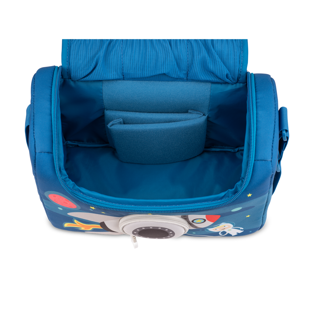 A blue children's bag featuring a rocket design, planets, stars, and an astronaut, perfect for young space enthusiasts in a white background.