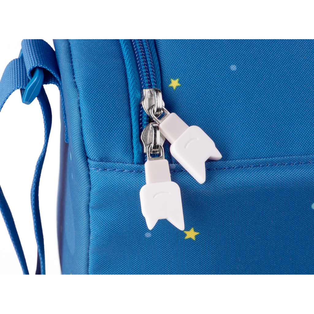 A blue children's bag featuring a rocket design, planets, stars, and an astronaut, perfect for young space enthusiasts in a white background.