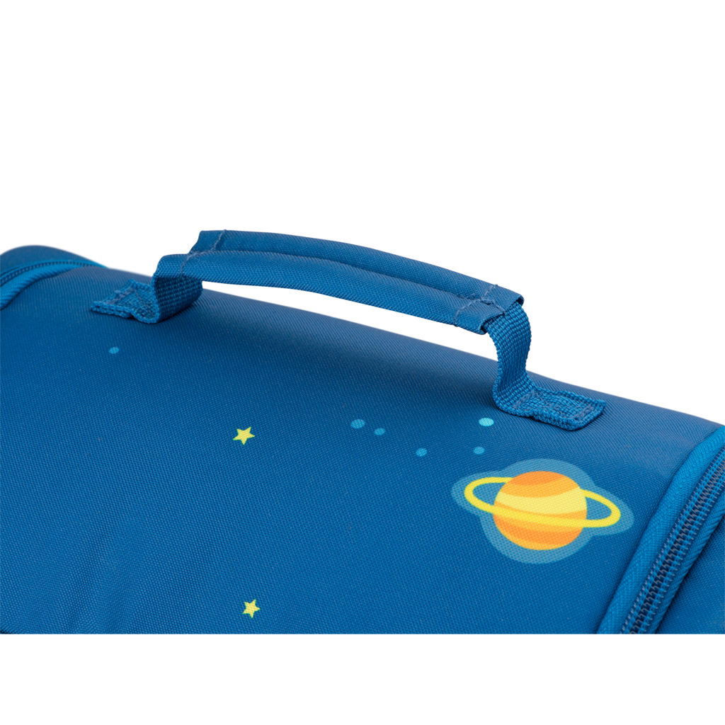 A blue children's bag featuring a rocket design, planets, stars, and an astronaut, perfect for young space enthusiasts in a white background.