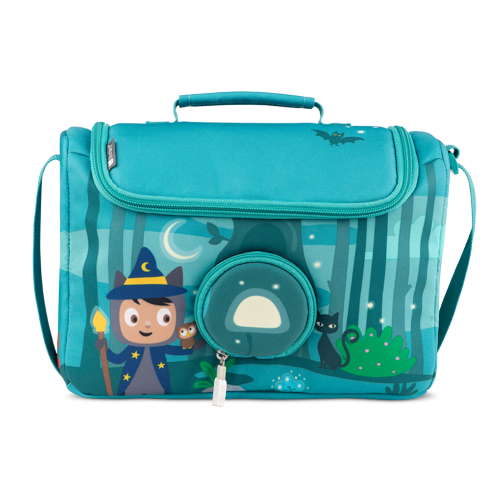 A vibrant blue bag featuring a whimsical wizard character, surrounded by forest animals and a moonlit backdrop in a white background.