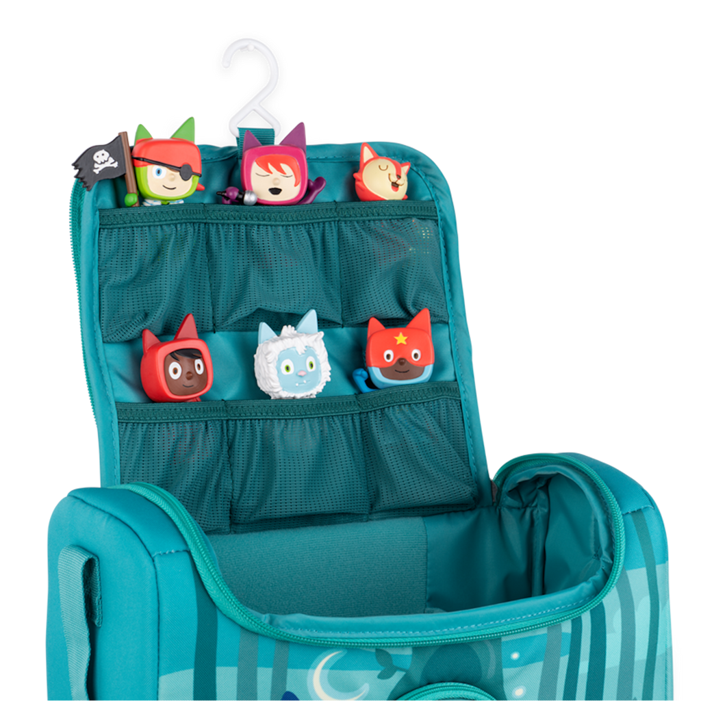 A vibrant blue bag featuring a whimsical wizard character, surrounded by forest animals and a moonlit backdrop in a white background.