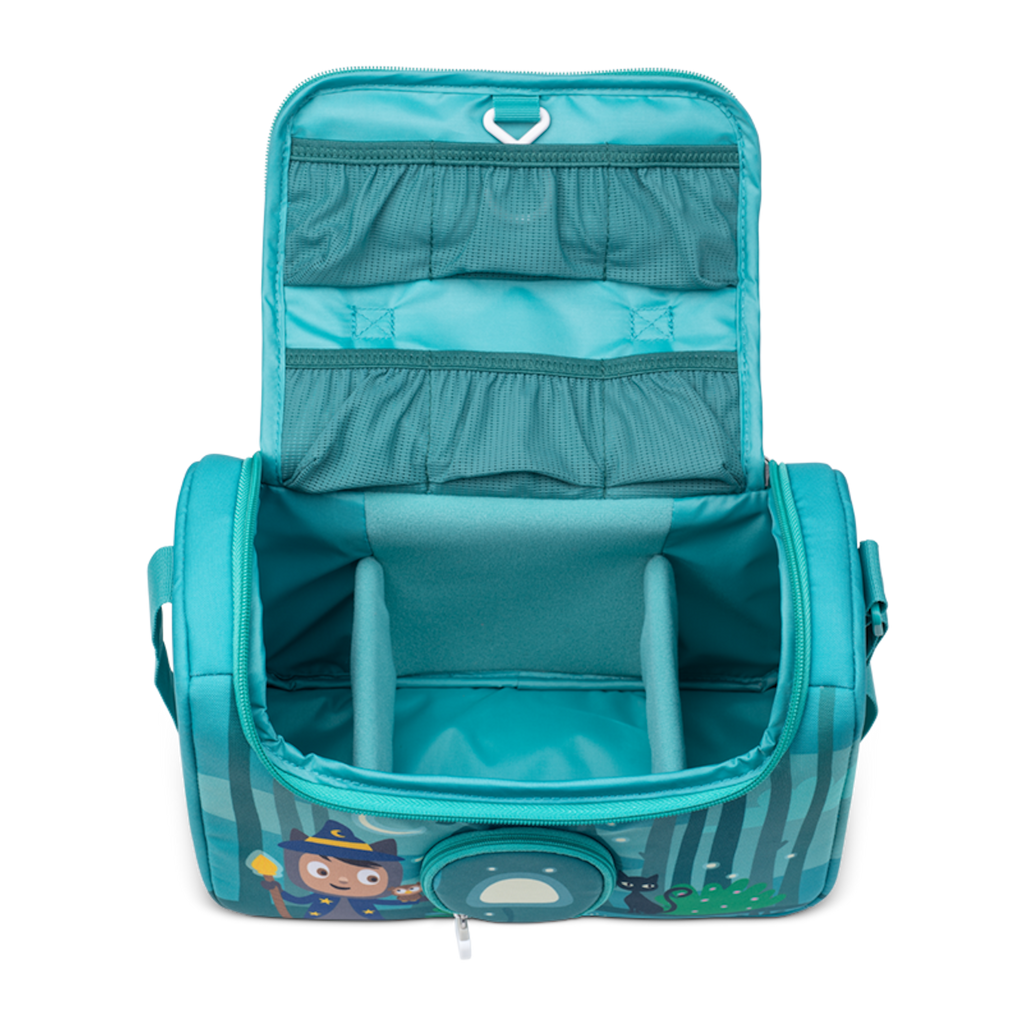 A vibrant blue bag featuring a whimsical wizard character, surrounded by forest animals and a moonlit backdrop in a white background.