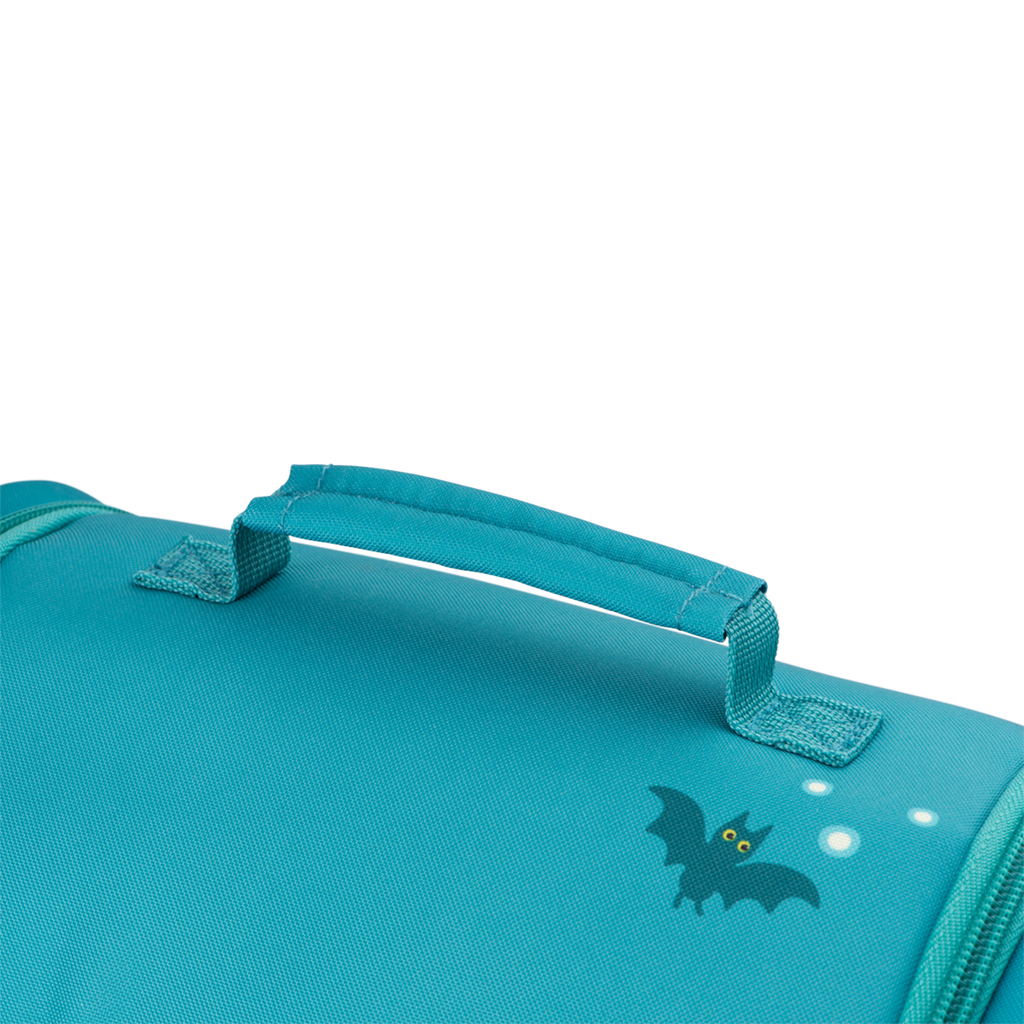 A vibrant blue bag featuring a whimsical wizard character, surrounded by forest animals and a moonlit backdrop in a white background.
