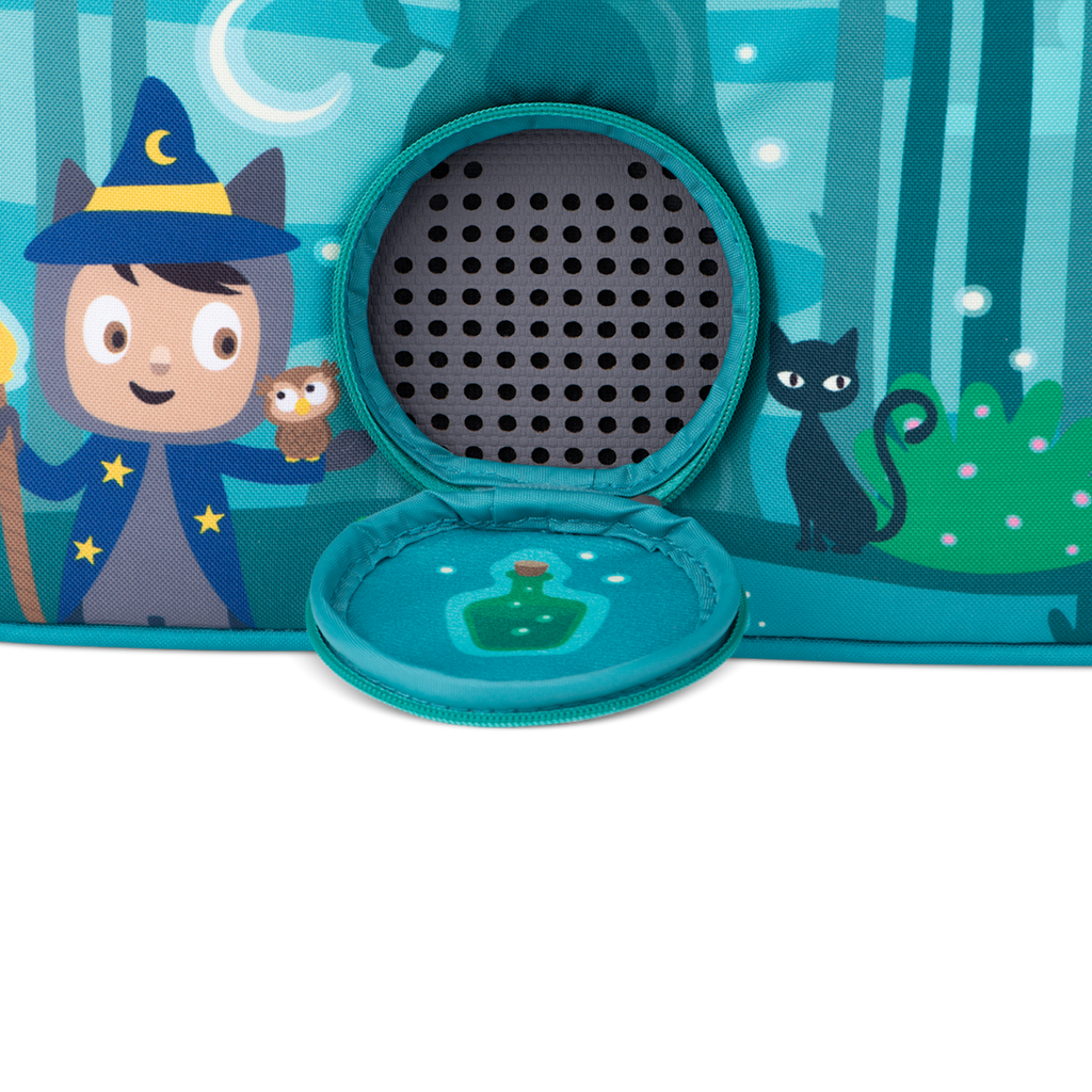 A vibrant blue bag featuring a whimsical wizard character, surrounded by forest animals and a moonlit backdrop in a white background.