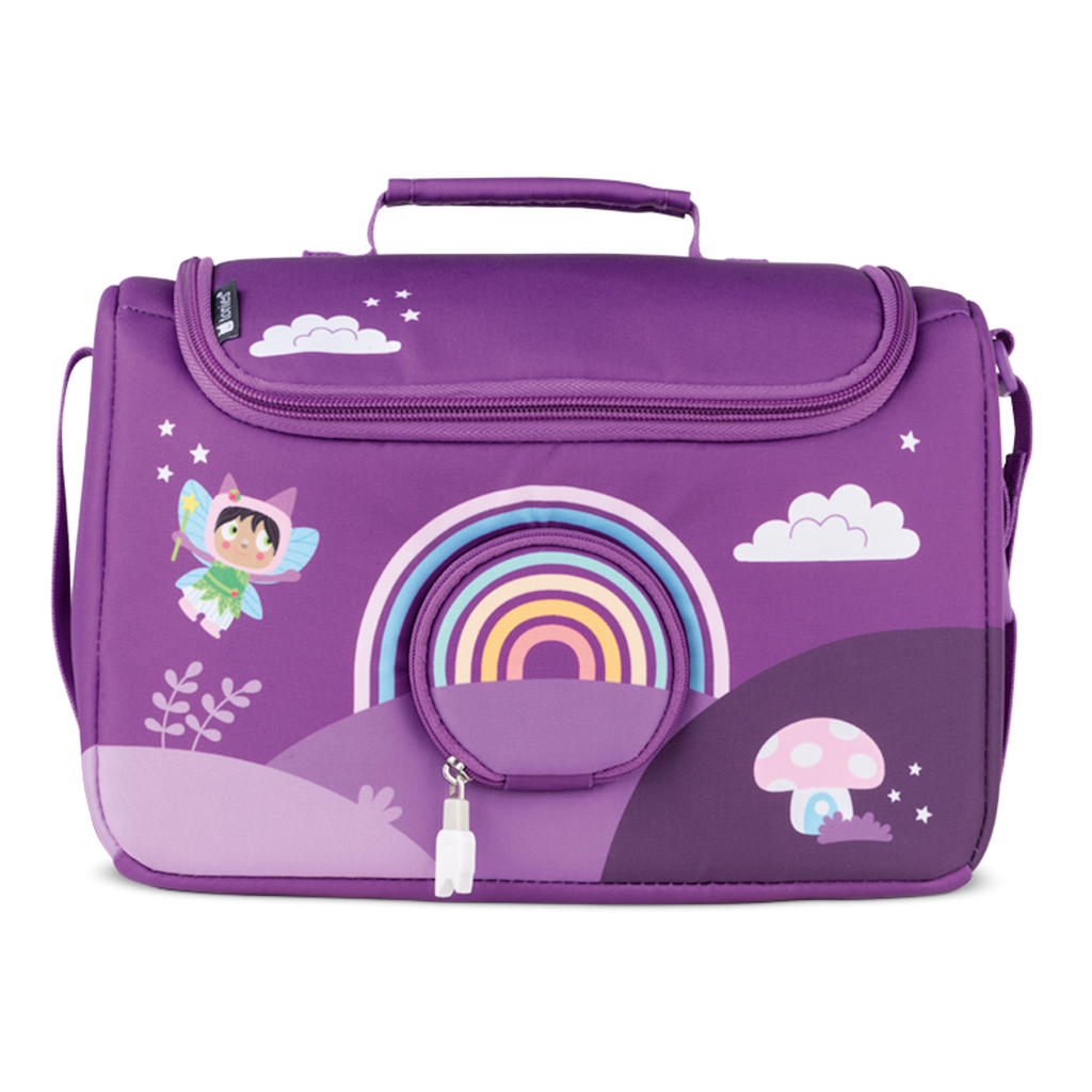 Purple bag featuring a whimsical fairy, rainbow, clouds, and mushrooms, ideal for children’s school or travel use in a white background.