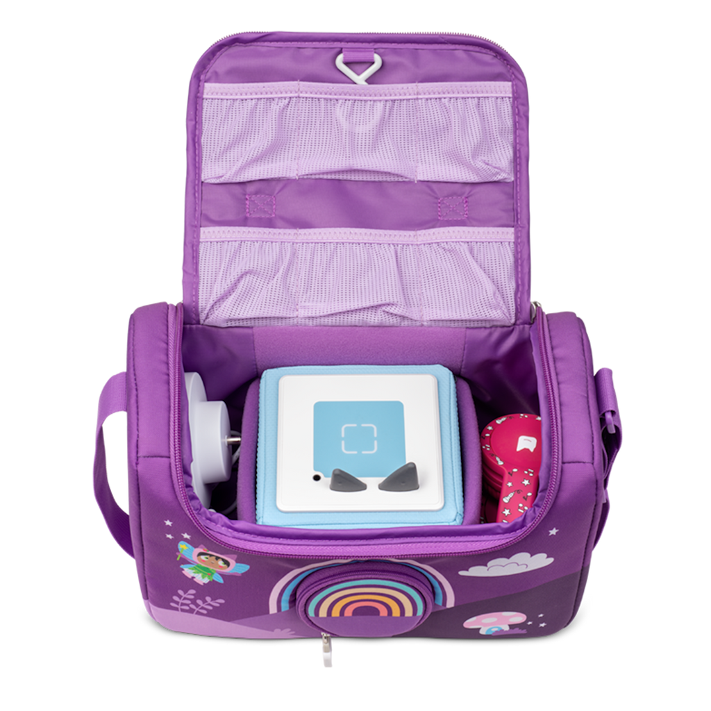 Purple bag featuring a whimsical fairy, rainbow, clouds, and mushrooms, ideal for children’s school or travel use in a white background.