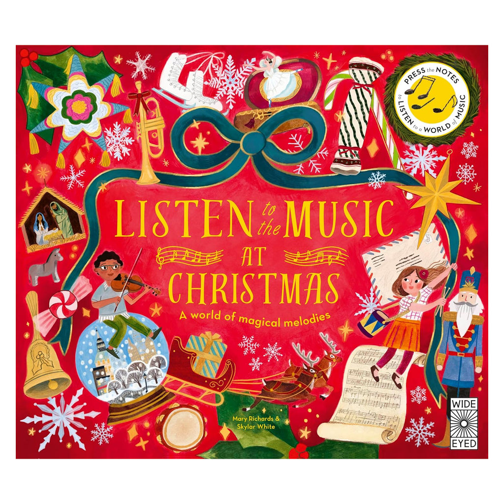 Festive book cover with "Listen to the Music at Christmas" text. Features instruments, snowflakes, Santa, and a nutcracker on a red backdrop.