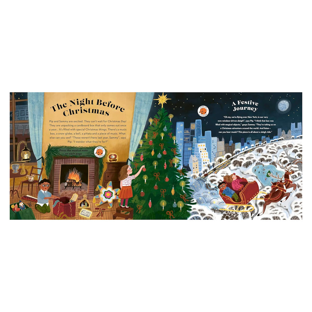 Illustration of children by a fireplace and Christmas tree, feeling festive. Next, a sleigh ride through snow-covered cityscape at night, joyful atmosphere.