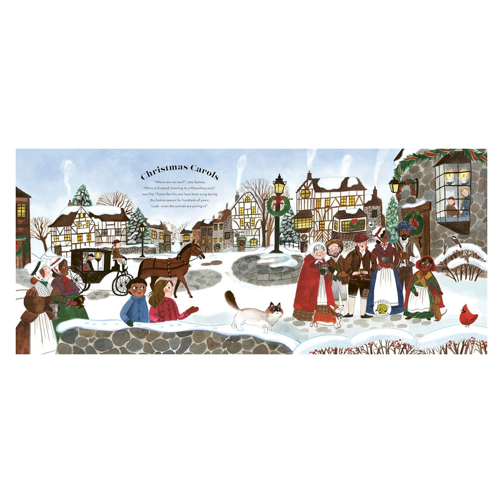 Festive village scene with people singing Christmas carols on a snowy street. Buildings are adorned with wreaths, a horse-drawn carriage passes, and a cat walks nearby. The atmosphere is joyful and celebratory.